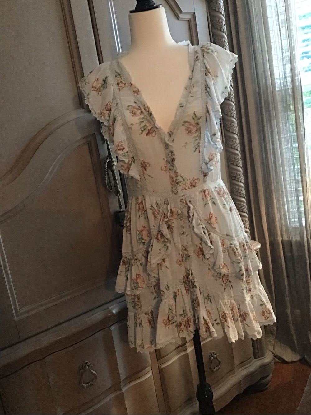 Ruffled LoveShackFancy Baby Blue Gauze Dress with Soft Floral Accents